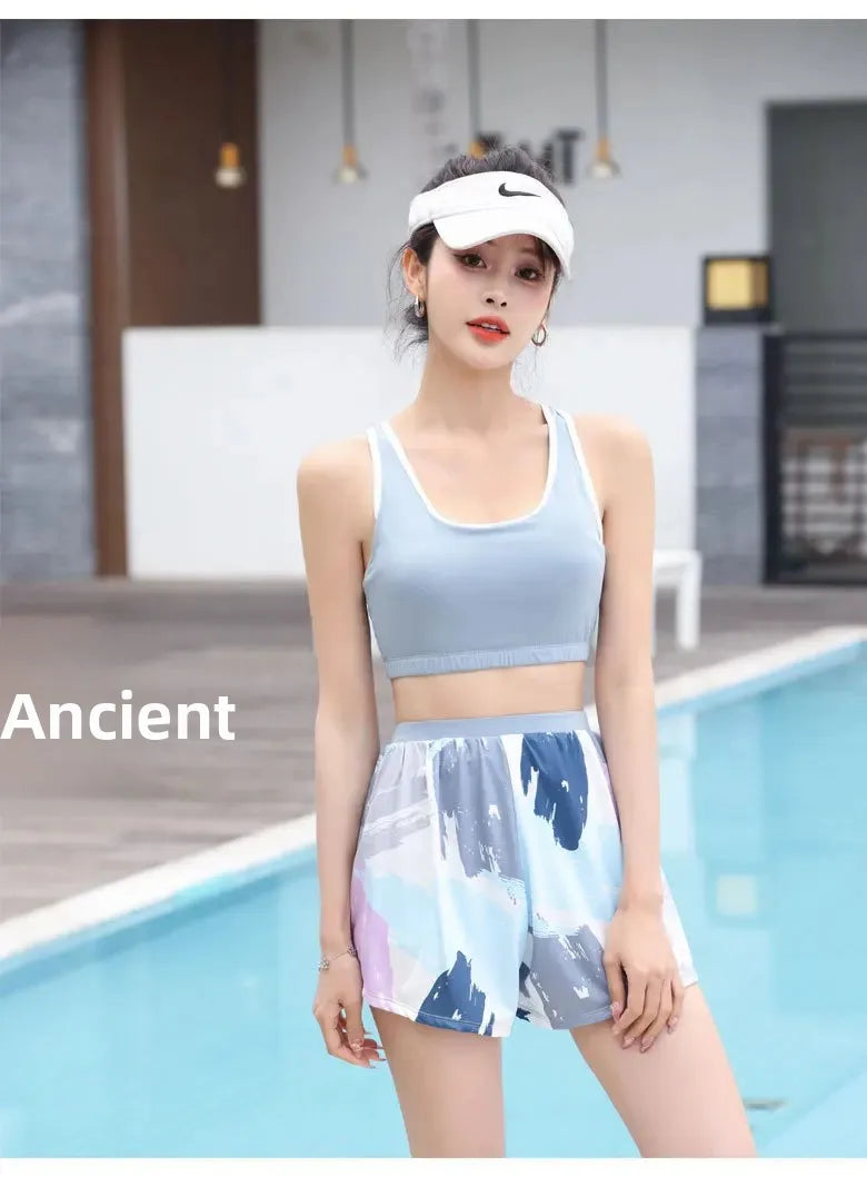Sports Swimsuit Women's Split Bikini Three-piece Set Small Chest Gathering Belly Covering Slimming Conservative Flat-angle Hot Spring Swimsuit