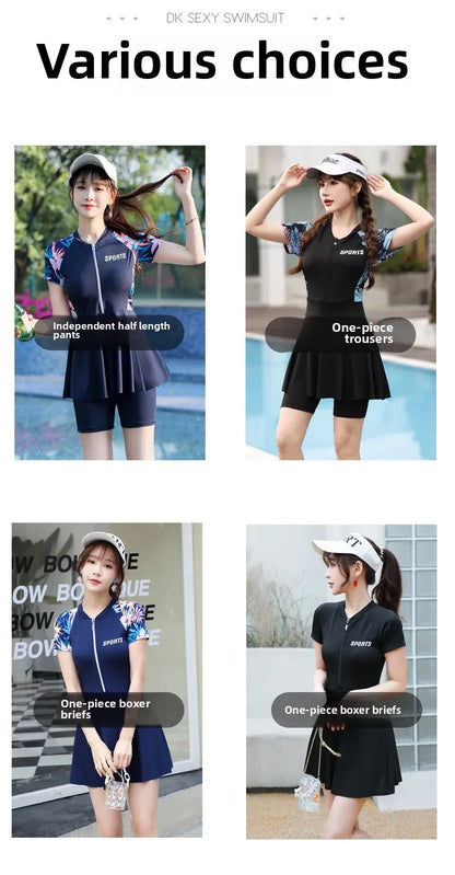 Women's Swimsuit Conservative Split Large Size One-Piece Hot Style High-End Slimming Look Belly-Covering Swimming Pool Professional Hot Spring Swimsuit