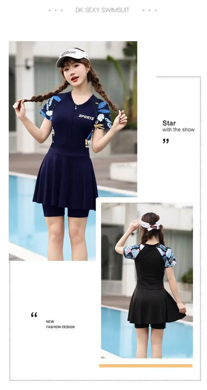 plus size swimsuit women's one-piece skirt short sleeve professional sports swimsuit mother 200kg conservative belly slim hot spring