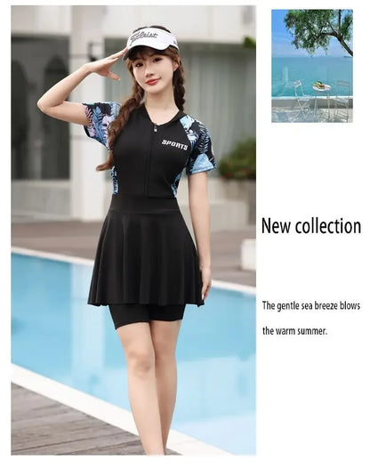 plus size swimsuit women's one-piece skirt short sleeve professional sports swimsuit mother 200kg conservative belly slim hot spring