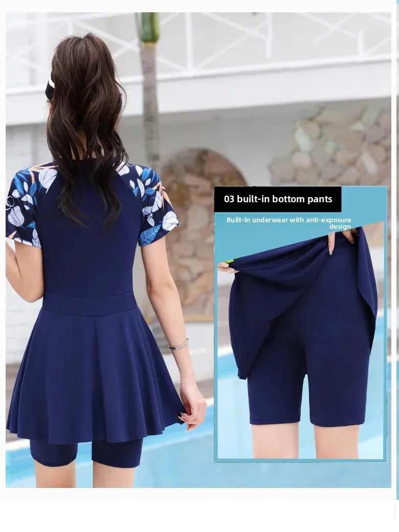 Women's Swimsuit Conservative Split Large Size One-Piece Hot Style High-End Slimming Look Belly-Covering Swimming Pool Professional Hot Spring Swimsuit