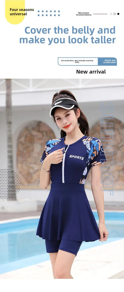 Women's Swimsuit Conservative Split Large Size One-Piece Hot Style High-End Slimming Look Belly-Covering Swimming Pool Professional Hot Spring Swimsuit