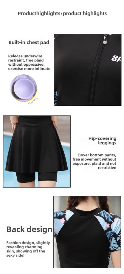 plus size swimsuit women's one-piece skirt short sleeve professional sports swimsuit mother 200kg conservative belly slim hot spring