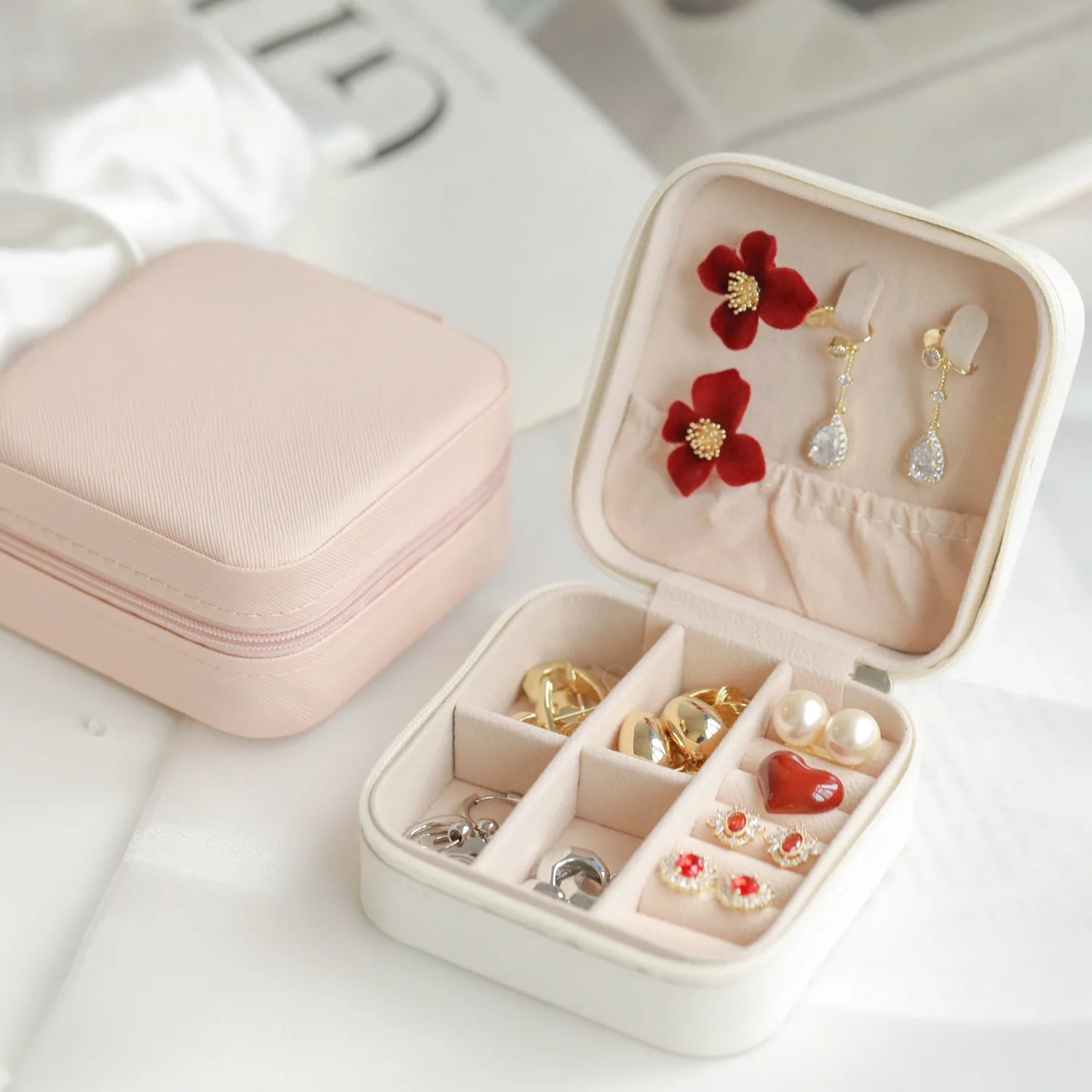 Simple And Portable Palm Jewelry Box, Ring And Earring Storage Box, Zipper Flip Cover, Travel Accessory Box, Pearl Box